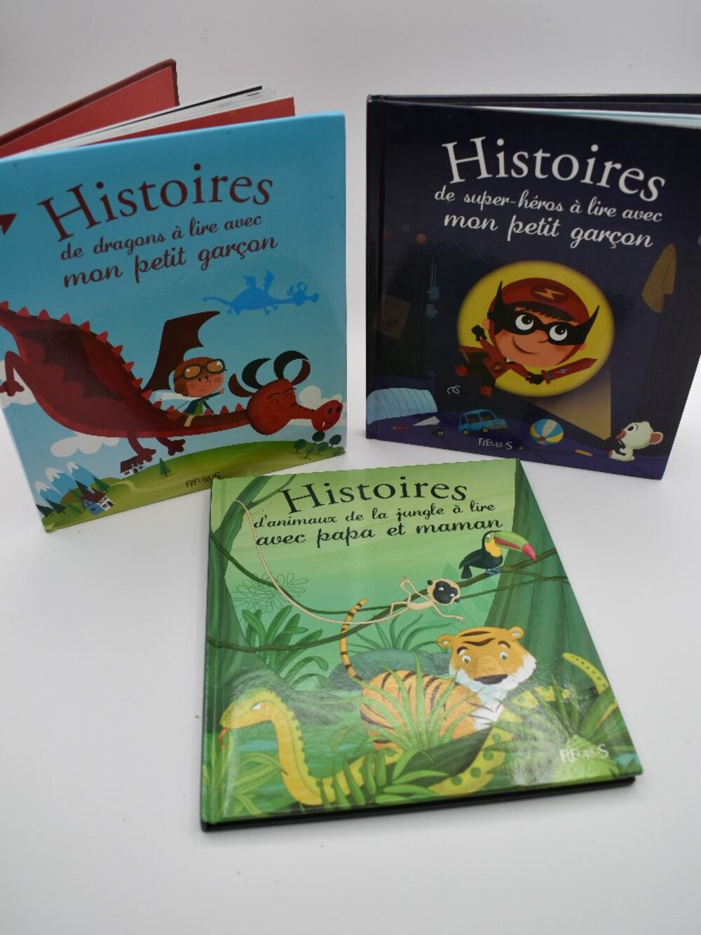 French Children's Storybook Set of 3 Fleurus Hardcover Books Dragons Superheroes